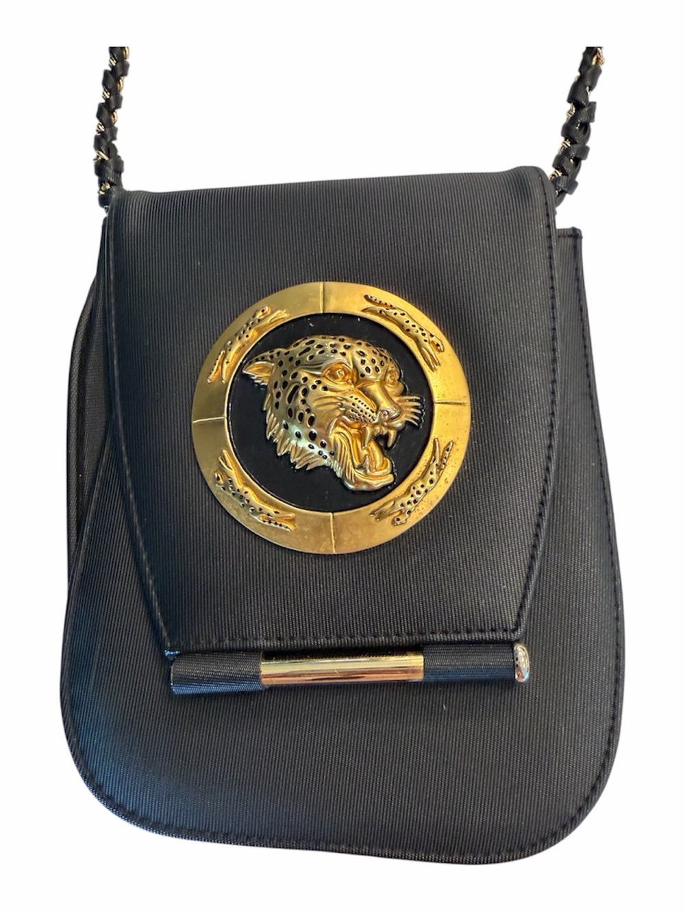 VINTAGE Nima Black Crossbody Bag with Gold Panther Accent - Picture 2 of 11